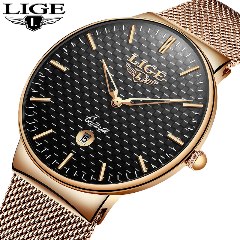 Mens Watches Top Brand Luxury LIGE Waterproof Ultra Thin Date Clock Male Steel Strap Casual Quartz Watch Men Sports Wrist | Наручные часы