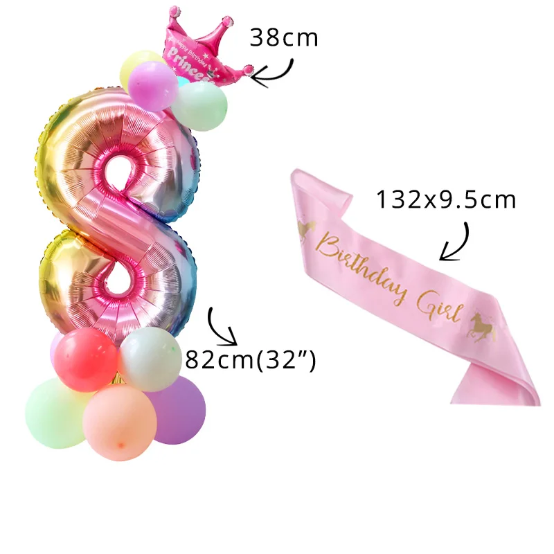 balloon sash crown 8 Радужный шар с цифрами, единорог, воздушные шары, единорог, вечерние наборы шариков из фольги, украшения для дня рождения, Детские вечерние шары для мальчиков и девочек - Цвет: balloon sash crown 8