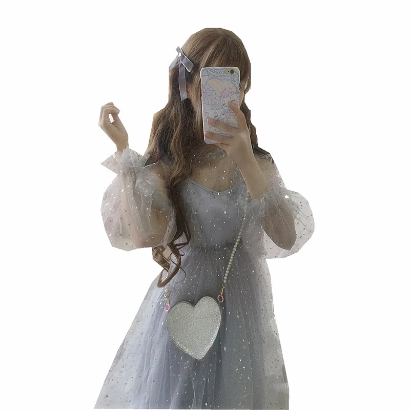 

2018 SUMMER The legend of the Blue deep sea Fairy dress glittering stars Fairy dress Star Grey Blue Mesh Princess Dress