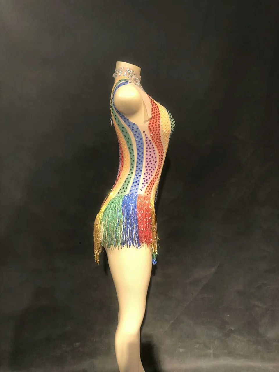 Женское прозрачное Сетчатое боди с разноцветными стразами танцевальная одежда