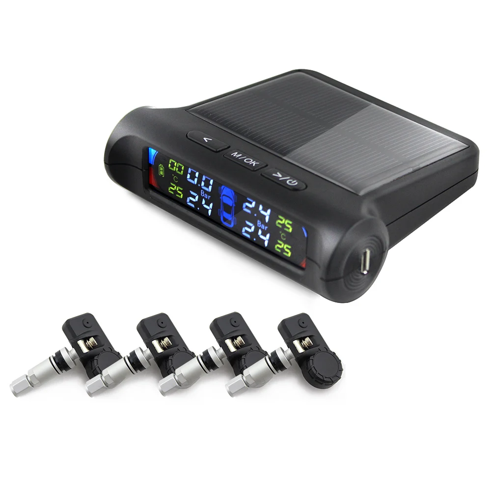 

Car Tire Pressure Alarm Detection TPMS System inside Built-in Digital LCD Monitor Auto Cars Safety Alarm Solar power