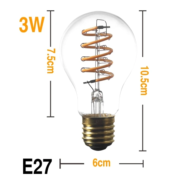 A60 Новинка, светодиодный светильник Эдисона E27 AC220V, уникальный винтажный светильник, мягкий светодиодный светильник с нитью накаливания, декоративный спиральный дизайн, Ретро лампа, теплый желтый - Испускаемый цвет: A60