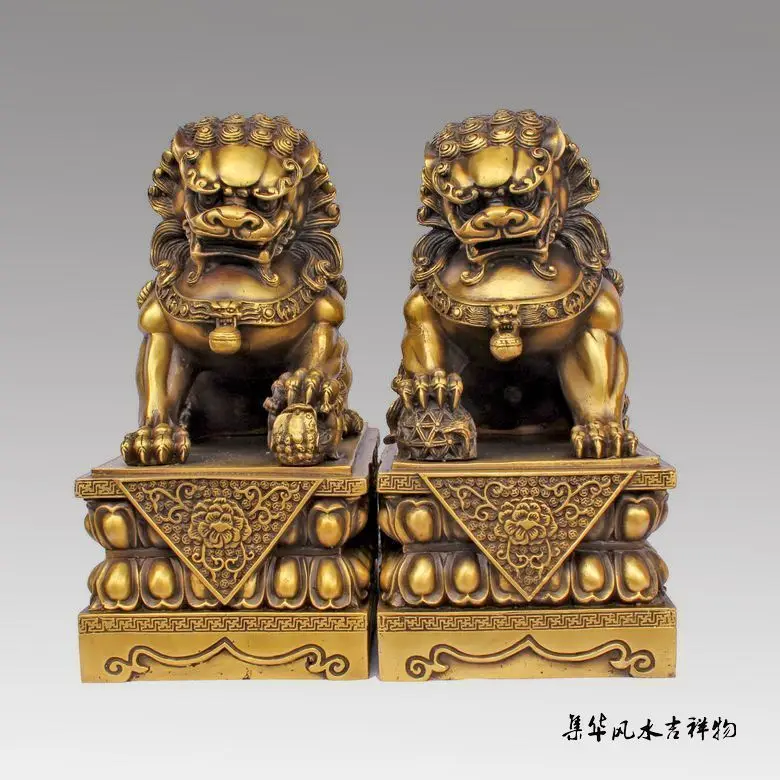 Большая пара бронзовая Китайская Статуя Льва Foo Собаки скульптура черная желтая