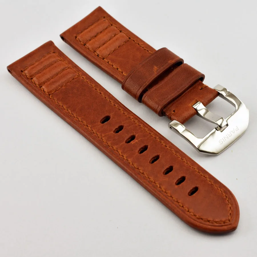 

Parnis 24mm Brown/Black watch strap Handmade leather soft Brown Watch Band polishing Buckles mens