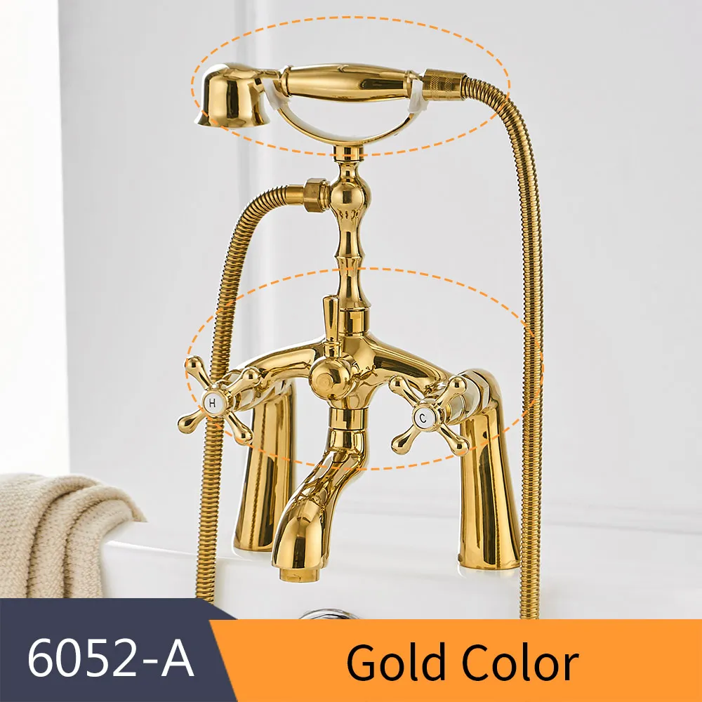 Gold-6052-A Смесители для ванны, античный латунный материал, набор для душа, смеситель для ванны, кран для ванной комнаты, двойной держатель, кран HJ-6051 - Цвет: Gold-6052-A