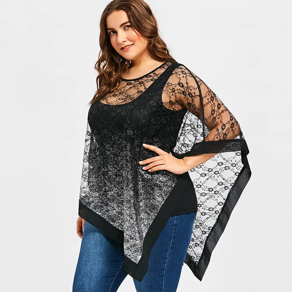 Wipalo Women Fashions Plus Size 5XL Sheer Asymmetric Lace Overlay Blouse 2019 Summer Three Quarter O Neck Tunic Tops Blusas|Блузки| |