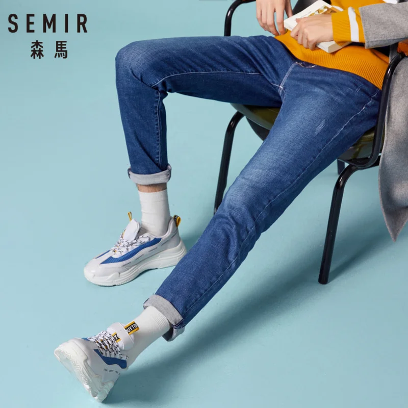 Мужские зауженные джинсы SEMIR хлопковые классические с потертостями потертые на