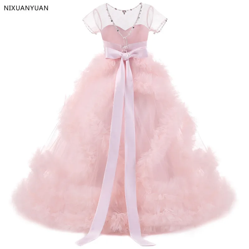 Sweet Pink Ruffles Flower Girl Dresses 2021 Colorful Beaded Pearls Communion Pretty Floral Pageant For Girls | Свадьбы и торжества