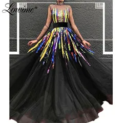 Черный Иллюзия черные вечерние платья Robe De Soiree многоцветные вечерние платья с блестками кафтаны арабские Длинные платья для выпускного вечера новое поступление - Цвет: Черный