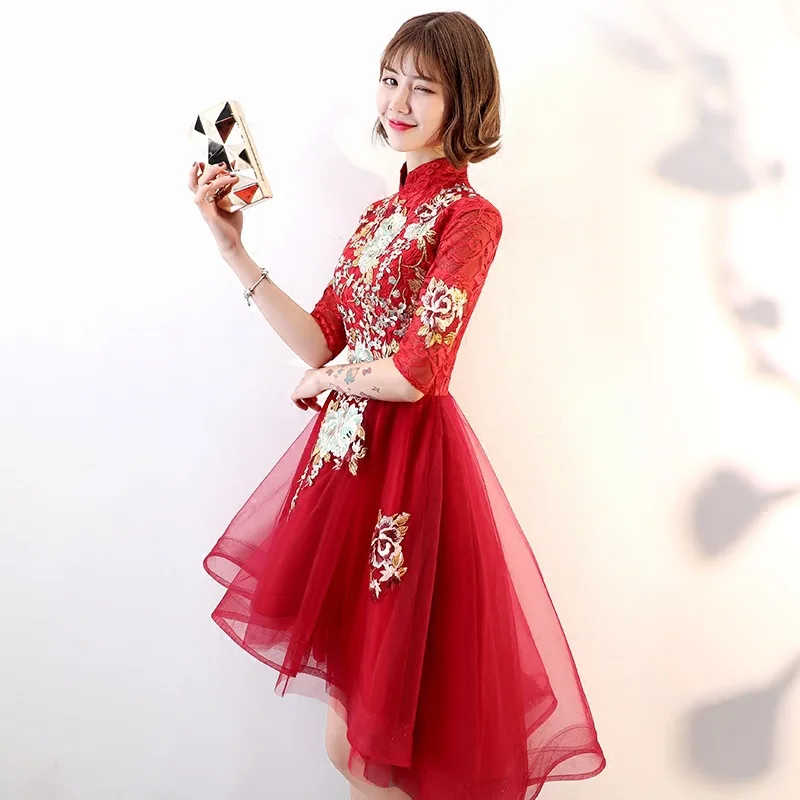Красные пышные платья Cheongsam для выпускного вечера, миди элегантные китайские платья, высокие коктейльные платья, вечерние платья TS447