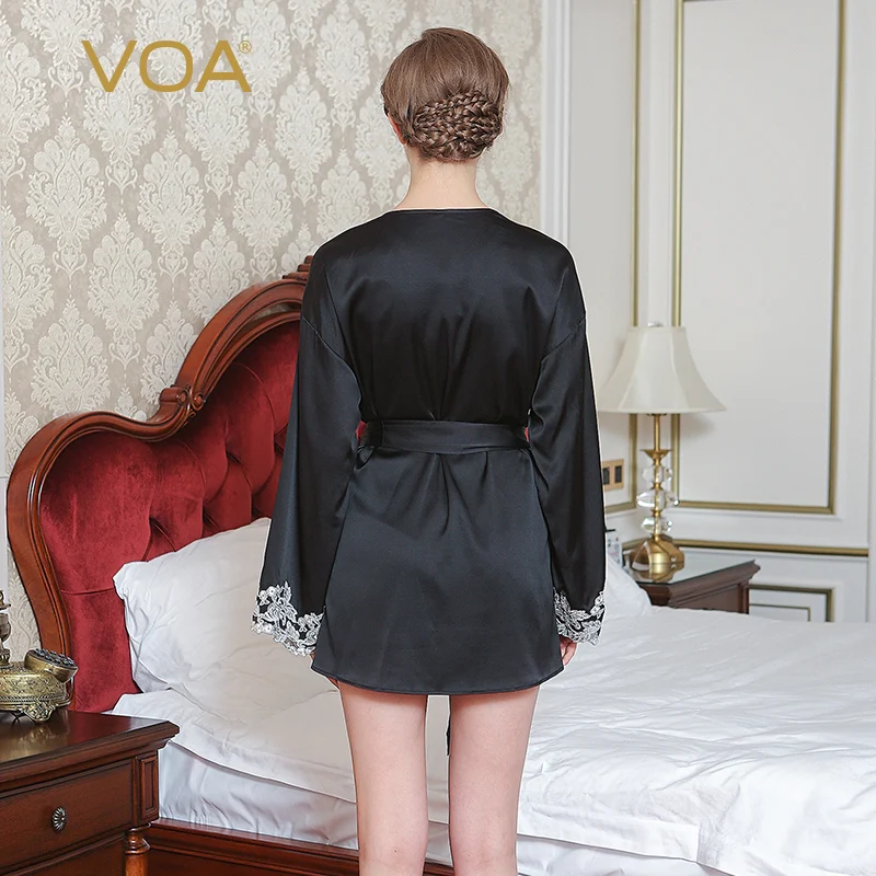 VOA летние женские шелковые пижамы с длинным рукавом кружевные ночные рубашки