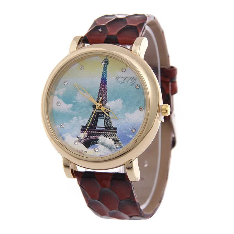 Модные 3D печать Эйфелева башня цветы Для женщин кварцевые наручные часы кожаный