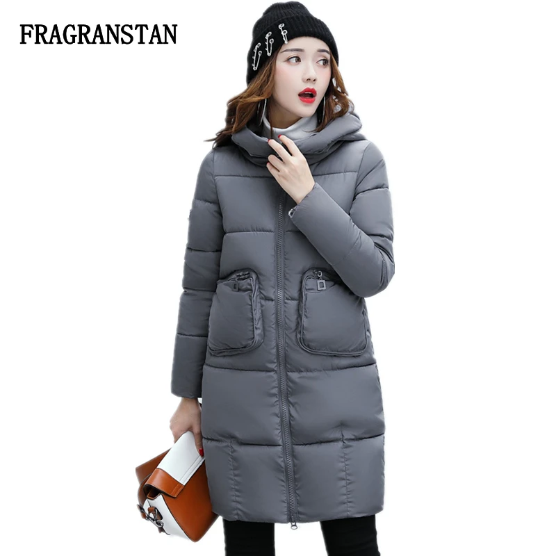 Женские теплые однотонные парки с большими карманами и капюшоном модные