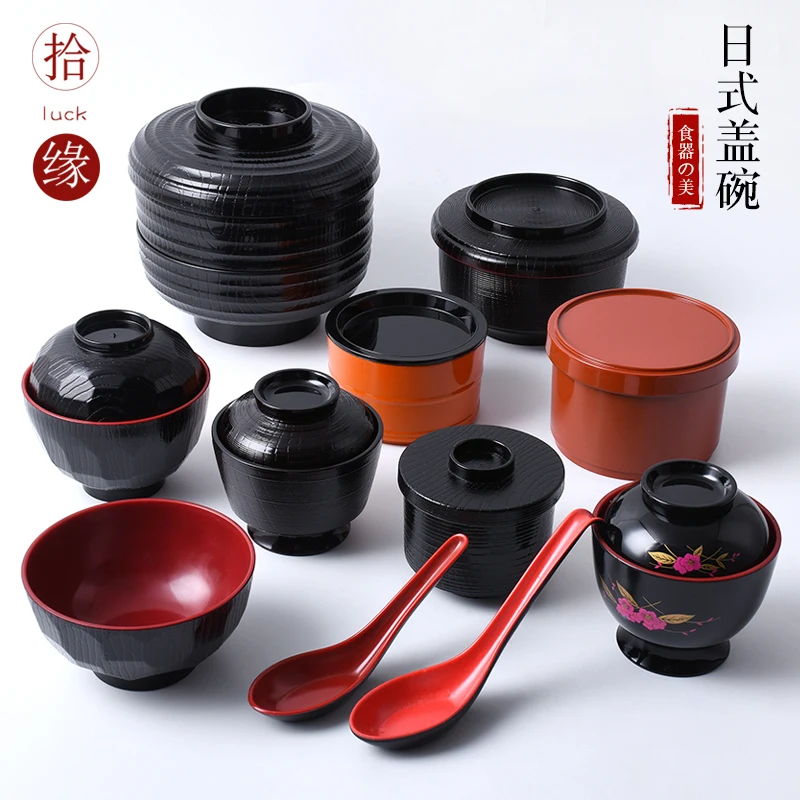 

Japanese style miso soup cover bowl commercial plastic instant noodle small bowl Korean dishes tableware cup ramen spoon 2pcs
