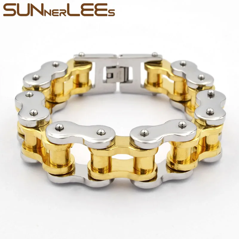 Silver Gold SUNNERLEES 316L браслет из нержавеющей стали Огромный Байкер велосипед мотоцикл звено Цепочка Золото Серебро Черный для мужчин мальчик ювелирные изделия BC01 - Окраска металла: Silver Gold
