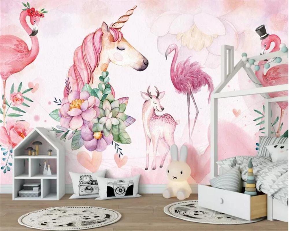 Beibehang Custom wallpaper mural pink flamingo unicorn deer children's room decoration background wall wallpaper for walls 3 d