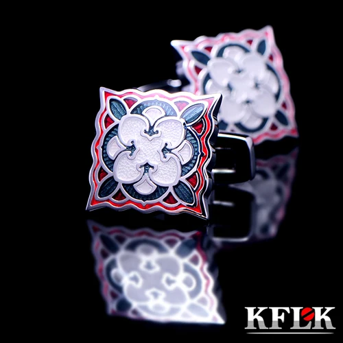 

KFLK Luxury HOT shirt cufflinks for mens Gifts Brand cuff buttons Red enamel Square cuff links High Quality abotoaduras Jewelry