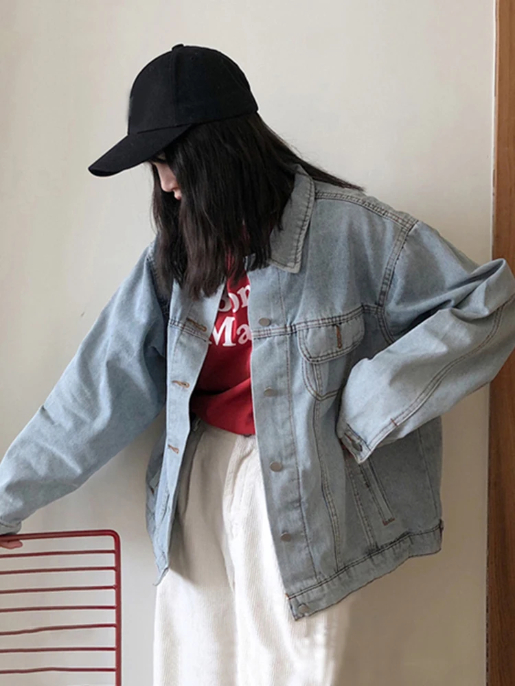 2019 Осень Harajuku стиль Свободный дикий шик с длинными рукавами джинсовая куртка
