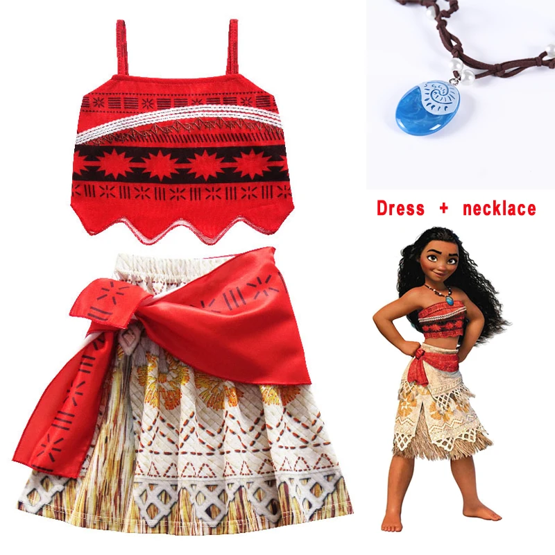 dress and necklace Праздничное платье принцессы для девочек «Моана»; Одежда «Эльза» с героями мультфильма «Moana Adventure»; комплект с платьем для девочек с париком и ожерельем; детская одежда для костюмированной вечеринки - Цвет: dress and necklace