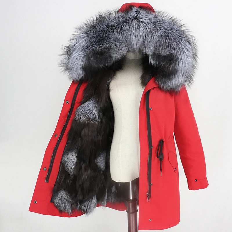 red silver Женское пальто со съемным мехом OFTBUY, бежевая непромокаемая длинная парка с натуральным лисьим мехом, верхняя одежда, зима - Цвет: red silver