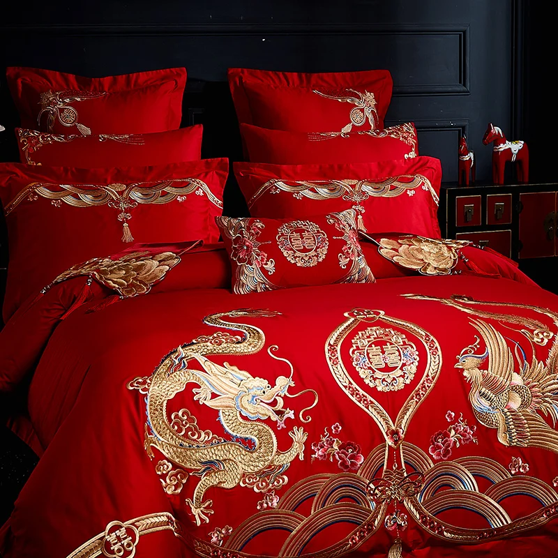 Роскошный красный свадебный комплект постельного белья золотого цвета с
