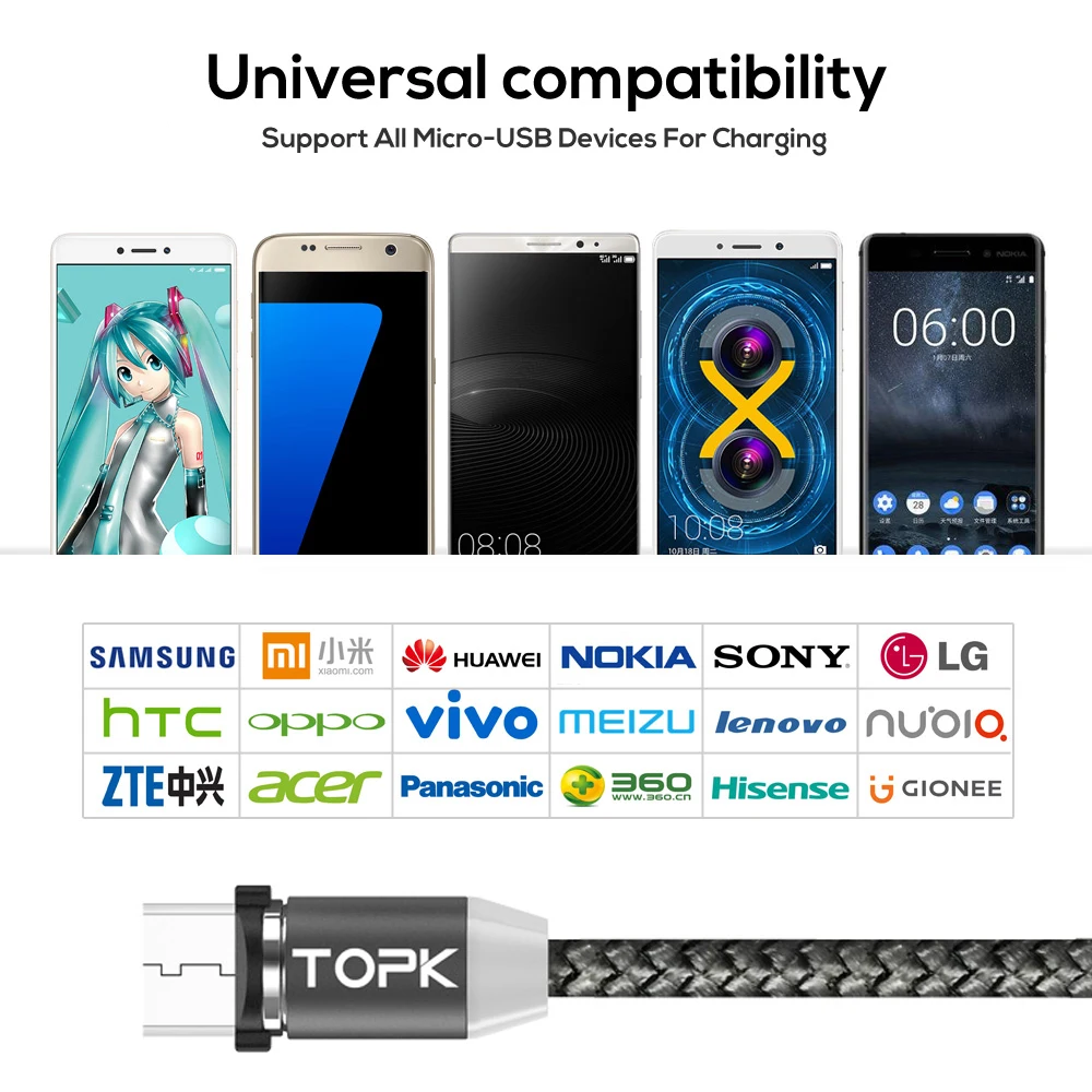 TOPK [5 шт. в упаковке] Магнитный светодиодный Micro-кабель нейлоновой оплетке