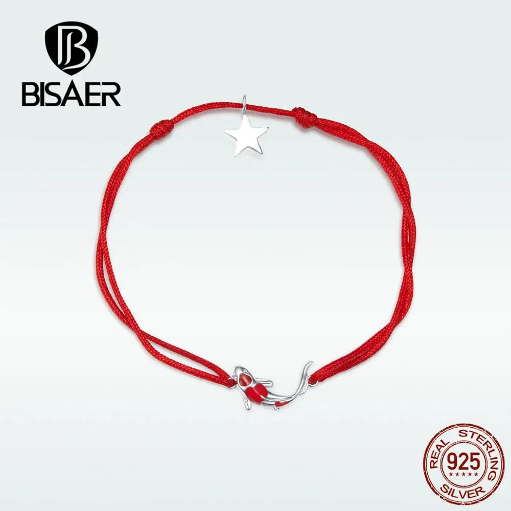 BISAER 925 пробы Серебряный Китайский Lucky carp подвески-рыбки красная веревочная цепь браслет женские серебряные ювелирные изделия подарки на день рождения GXB145