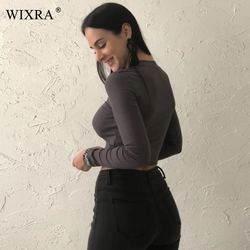 Wixra, базовая футболка, весна, женские хлопковые футболки, ребристая трикотажная футболка, женская укороченная футболка с длинным рукавом и круглым вырезом, женский укороченный топ