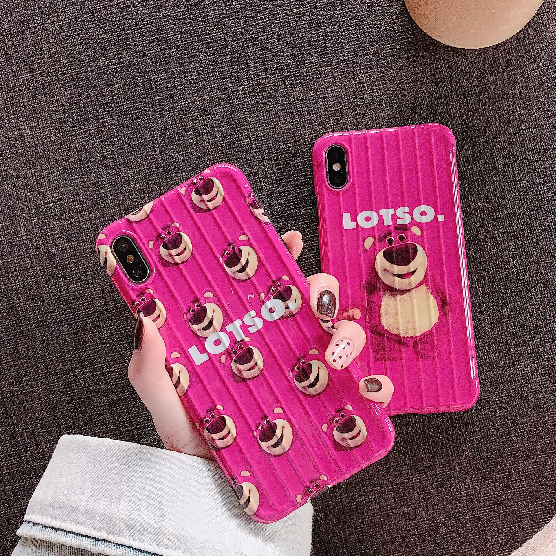 Luxury Glossy IMD Soft Silicone Cover for iPhone case 7 8 Plus X 10 XS Max XR 6 6S Cute Cartoon Strawberry bear Hot Pink Let go |
