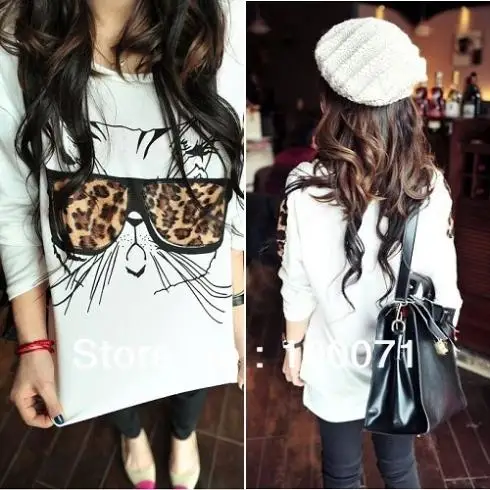 Fashion Women Unique Design Wearing Leopard Glasses Kitten Personality T-shirt Tops Blouses | Женская одежда