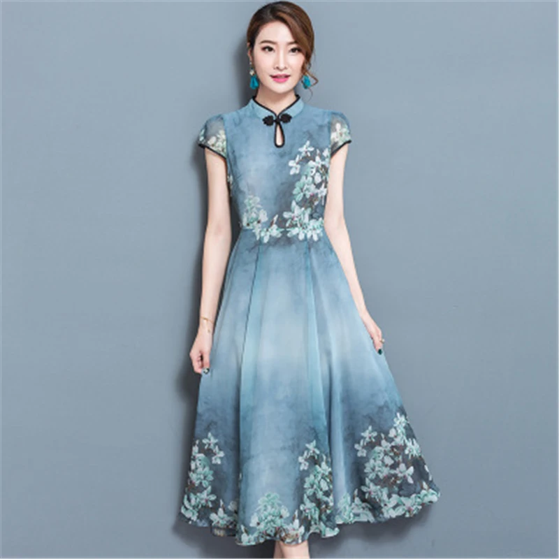 Новое Женское летнее платье Qipao элегантное винтажное праздничное шифоновое