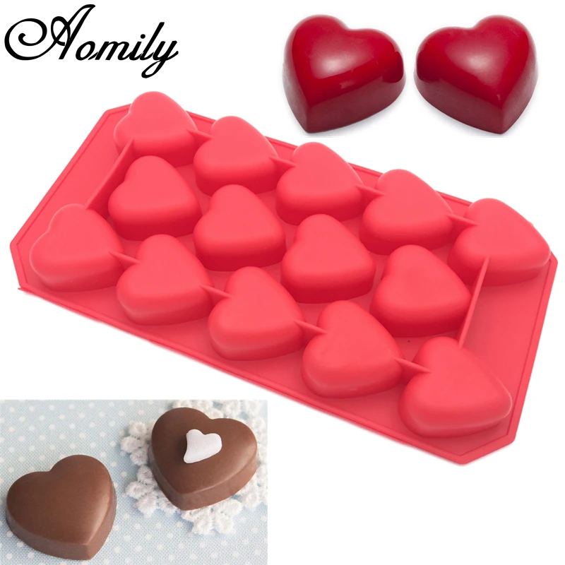 Aomily 14 Holes 3D Heart Shaped Lovely Chocolate Mold DIY Bakeware Silicone Handmade Pop Candy Pudding Muffin Cup Icecream Mould