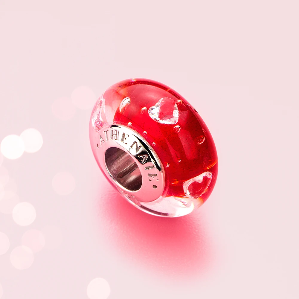 ATHENAIE Аутентичные 925 серебряные амулеты ядро Cerise стекло сердце прозрачный CZ Шарм из муранского стекла бусины подходят для европейских браслетов Цвет Красный