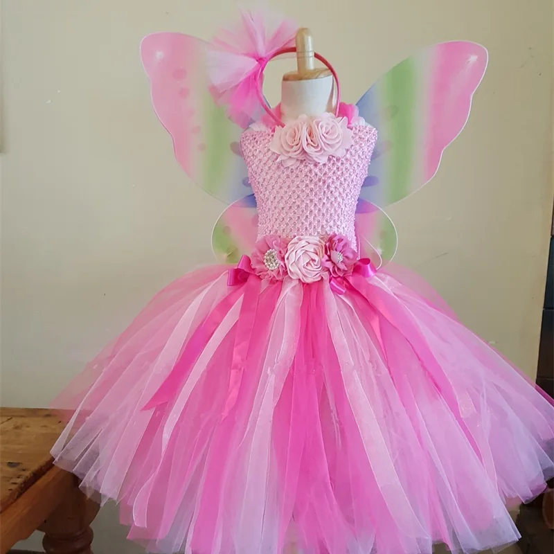 pink Розового цвета для девочек с узором в виде бабочек, Сказочная балетная пачка платье Цветы головные уборы с крыльями принцессы Платья для девочек на день рождения костюмы на Хэллоуин PQ158 - Цвет: pink