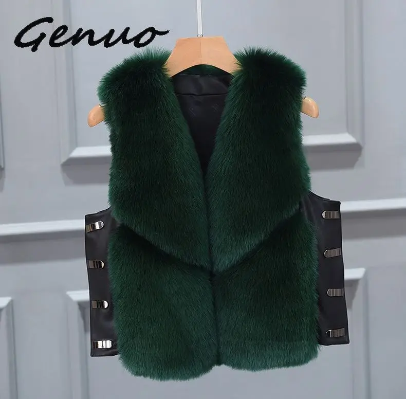 New 2019 Winter Women's Thick Warm Faux Fox Fur Vest High Quality Fashion Side buckle O-Neck Short Fur Coat For Women Outwear