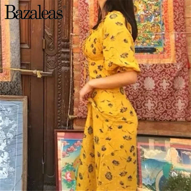 Bazaleas 2019 желтое платье миди с цветочным принтом летнее коротким рукавом Винтажные
