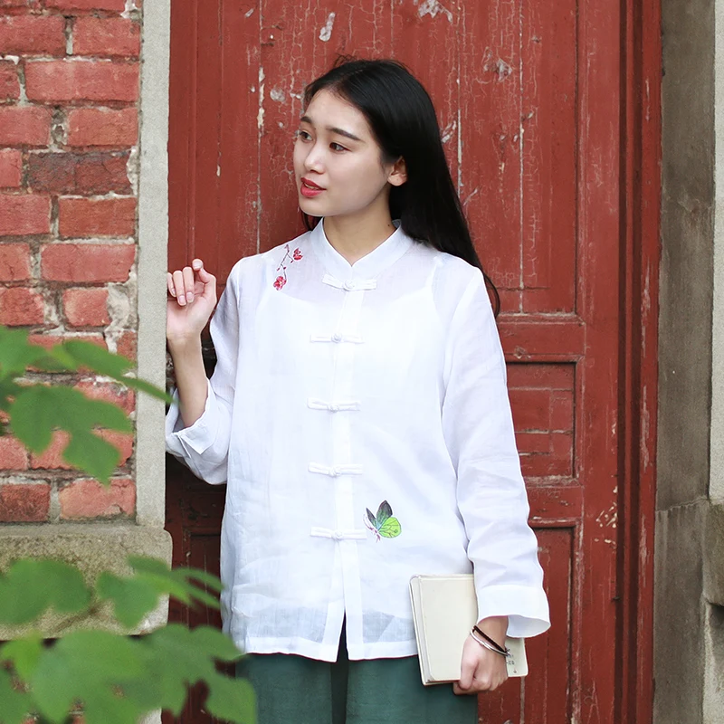 Женская льняная блузка LZJN белая с рукавом 9 точек в стиле фолк|blusas style|linen blousewhite