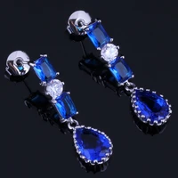 shining water drop blue cubic zirconia white cz silver plated drop dangle earrings v0732