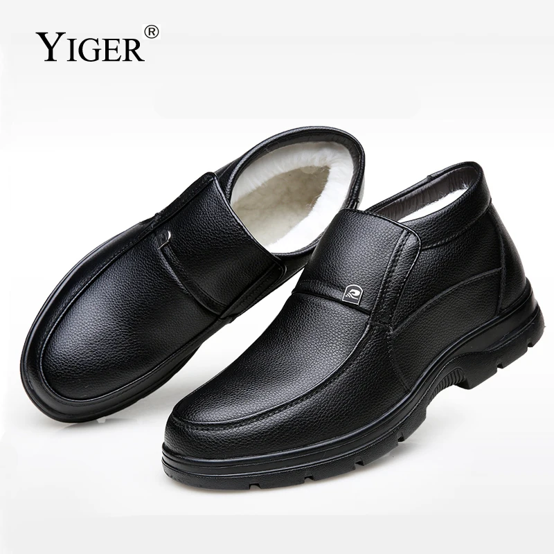 YIGER/Новые мужские хлопковые ботинки зимняя кожаная обувь мужские зимние ботинки без шнуровки повседневные Нескользящие мужские кожаные ботильоны с мехом 0238
