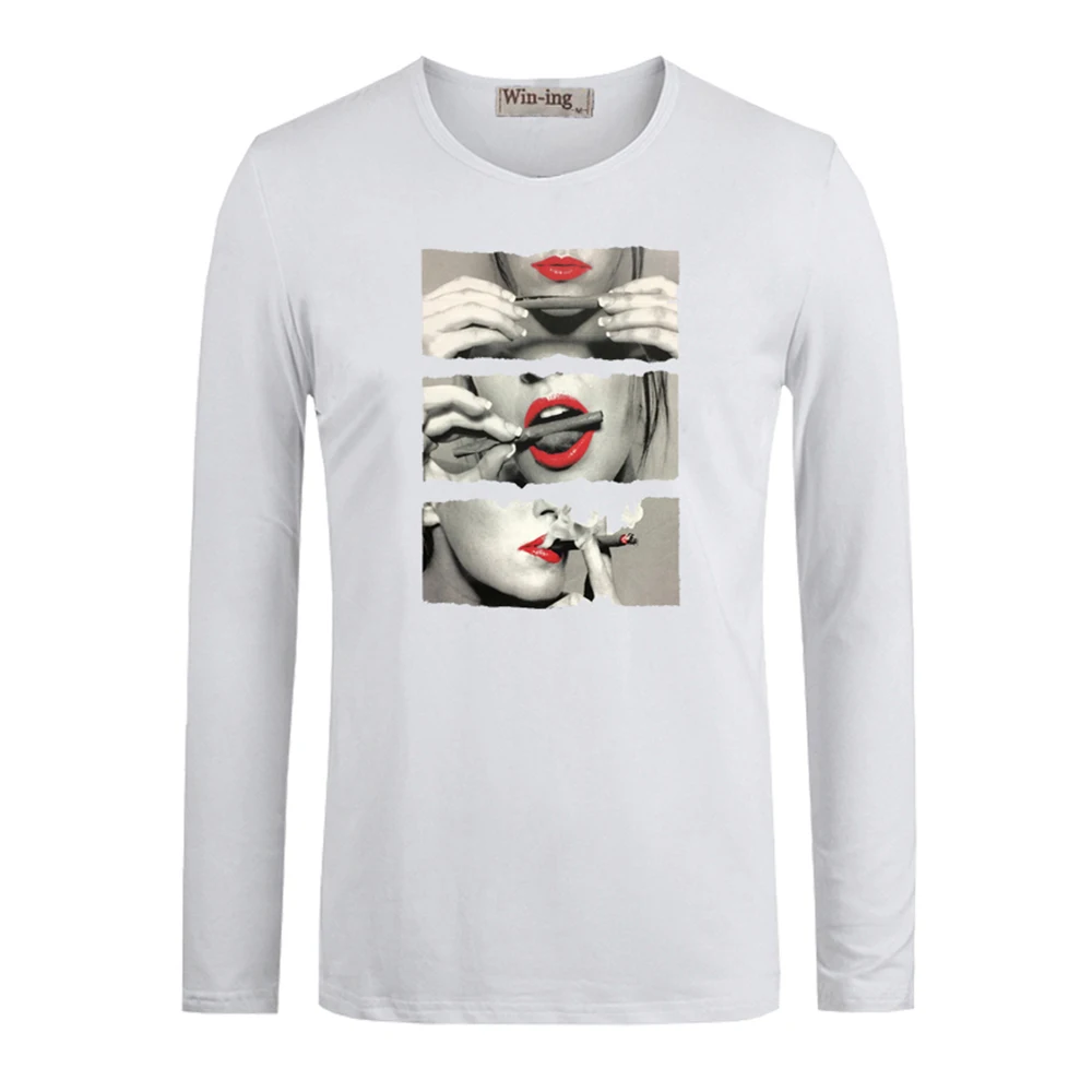 Мужская хлопковая футболка с длинным рукавом и принтом губ|hot girl|mens long teestee tee |