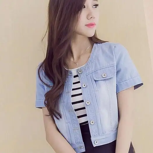 Женская винтажная укороченная джинсовая куртка с коротким рукавом DC74 большие