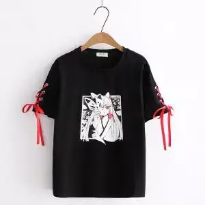 Черный Летняя Корейская женская длинная футболка Ulzzang Kawaii, японский стиль Харадзюку, модные повседневные футболки с героями мультфильмов, женские шикарные винтажные футболки - Цвет: Черный