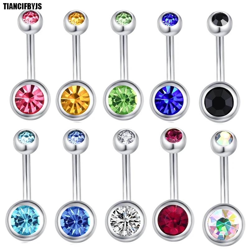 

TIANCIFBYJS Double Gem Belly Button Ring Naval Bar Body Jewelry CZ Banana 100/200pcs 11 Color Choose Piercing Belly navel rings