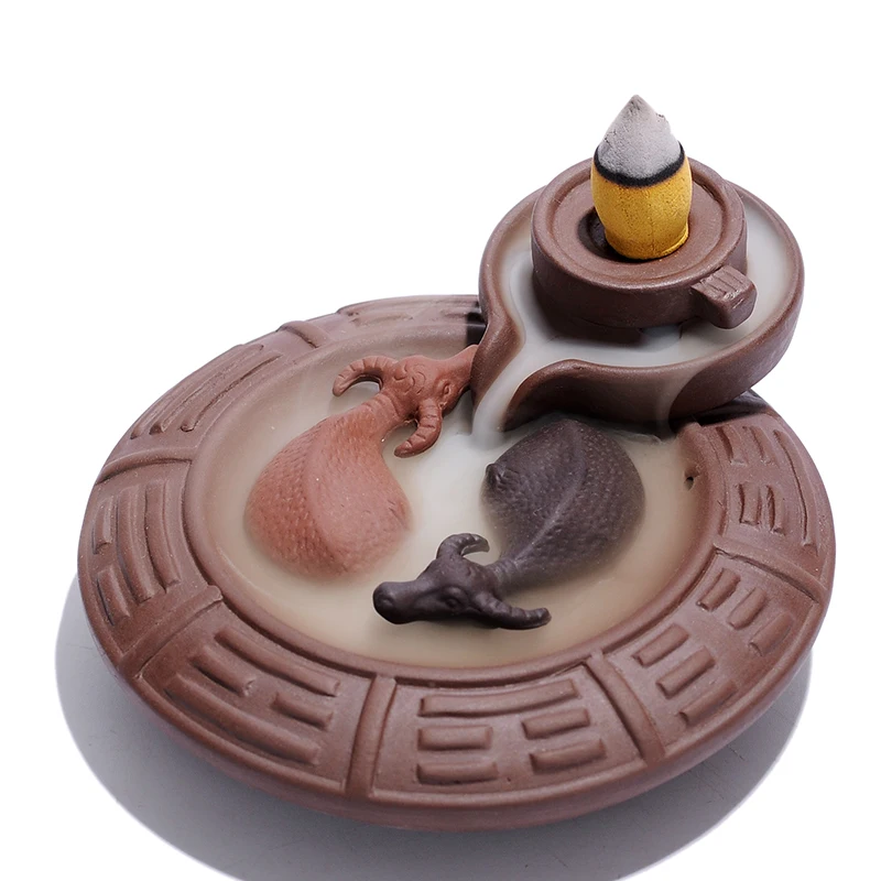 Purple Clay Ceramic Buddha Incense Stick Holder with Lucky Censer - 2 Cattles Mill Cone Backflow Incense Burner image 3