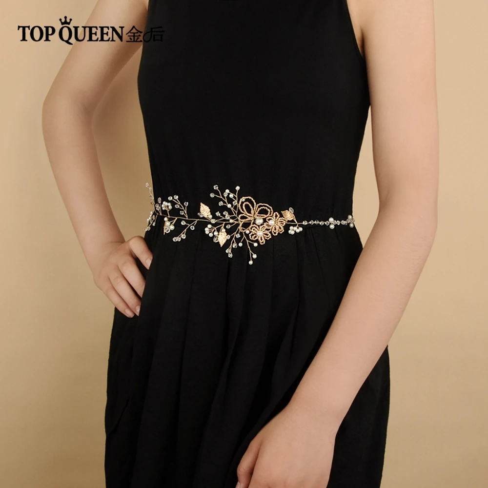 TOPQUEEN SH73 свадебный пояс, стразы, роза, золотой свадебный пояс для платьев, стразы, жемчуг, свадебный пояс