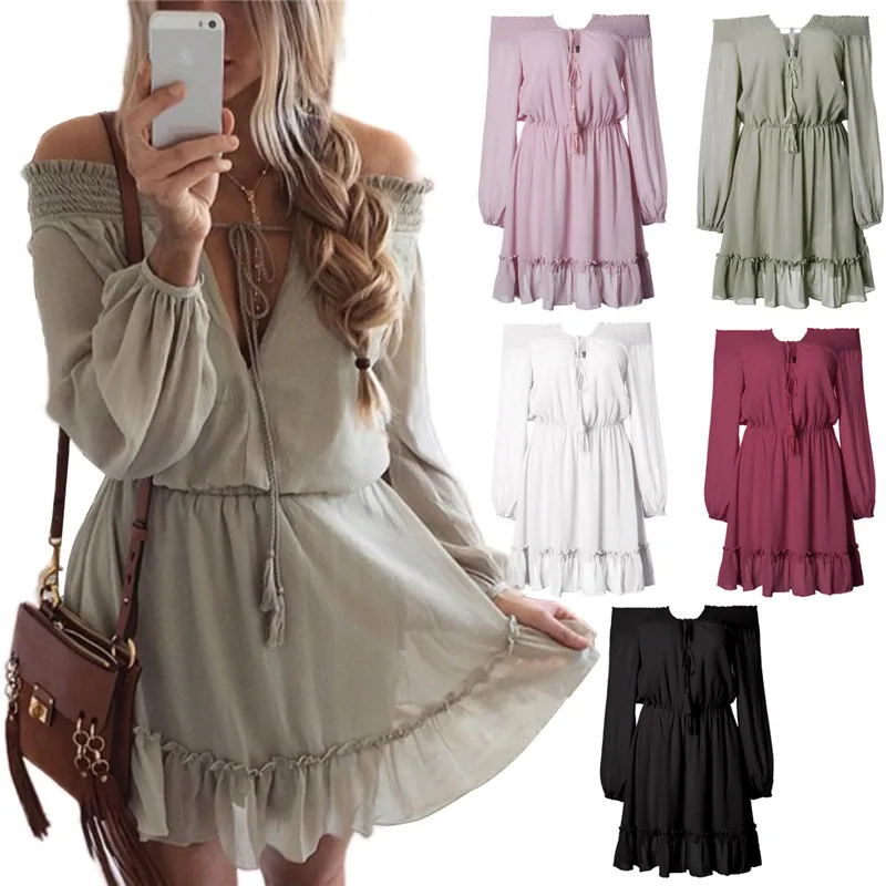Boho шифоновые платья с вырезом лодочкой летние пляжные мини фонарики длинным