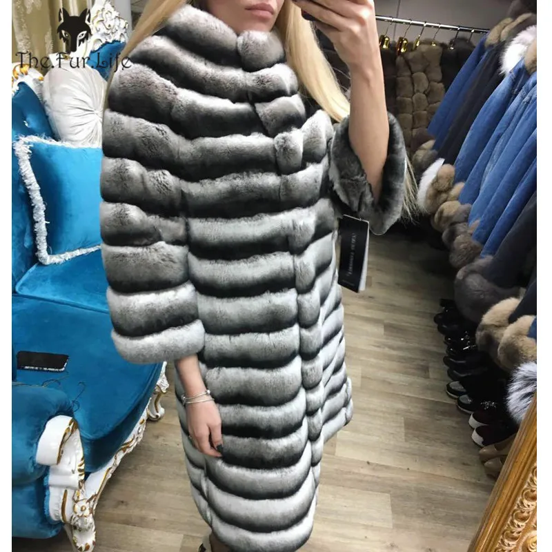 90cm Горячая Распродажа Женская Шиншилла Цвет настоящая натуральная Шуба из кролика Рекс Высокое качество натуральный мех кролика рекс зима - Цвет: 90cm