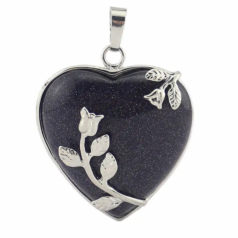blue goldstone Винтажный серебряный цвет, цветок, сердце, натуральный Лазурит, опал, Малахитовая Роза, камень кварца, подвеска, ожерелье, женские подарки - Окраска металла: blue goldstone