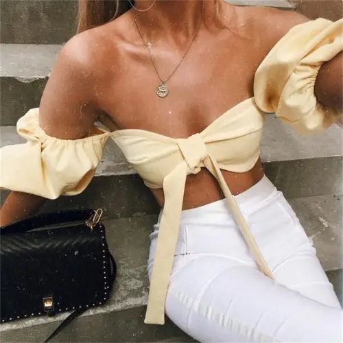 Женский облегающий жилет бандо модный короткий топ с открытыми плечами и бантом