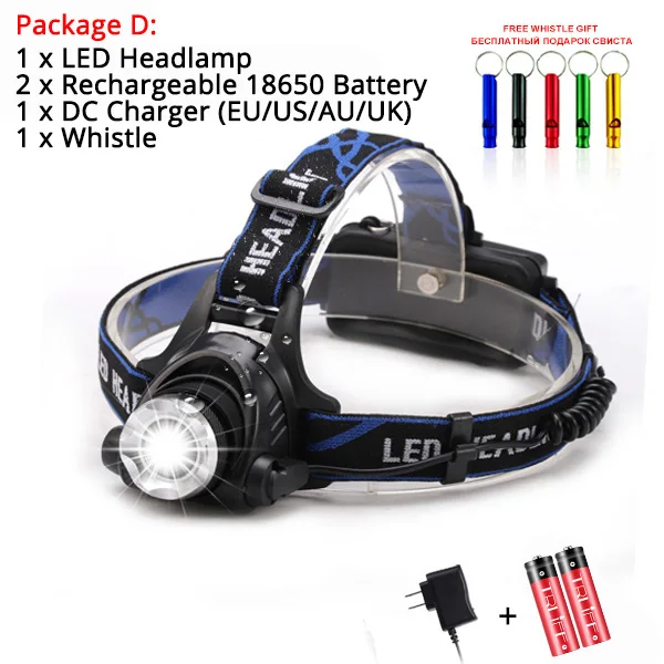 Package D 2000LM V6 L2 светодиодный головной светильник налобный фонарь для рыбалки лампа Масштабируемые Светильник лампы 18650 Head Lamp 3 режима фонарь светильник - Испускаемый цвет: Package D